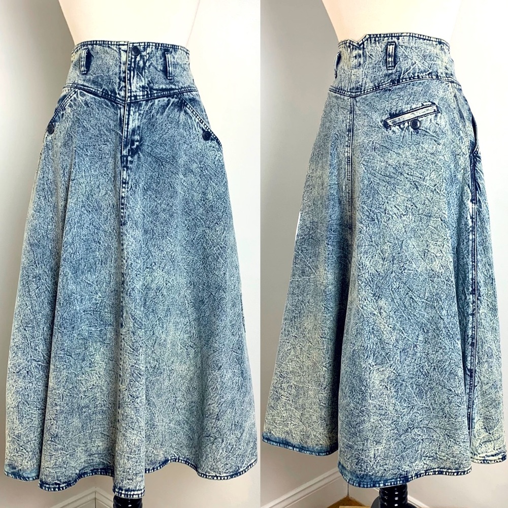 VINTAGE 80s Acid Wash High Waist MIDI Denim Skirt